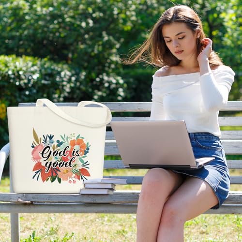 God is Good Christian Flower Canvas Tote Bag, Aesthetic Tote Bag for Women, Inspirational Gifts Religious Gifts Bible Verses Gifts for Women Besties Friends Coworker, Reusable Grocery Shopping Bag /28 - Binkii 