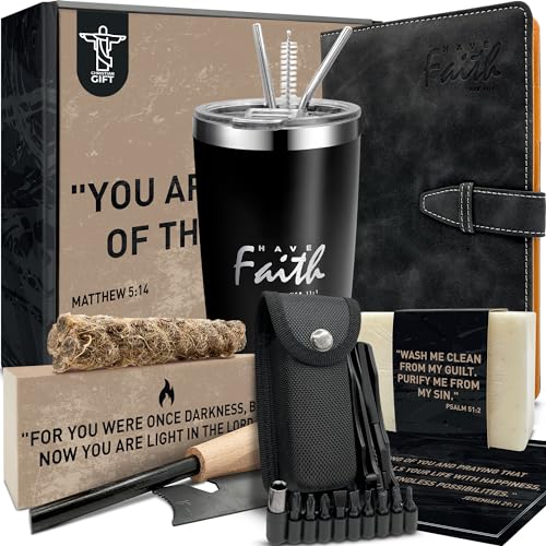 DEHITE Christian Gifts for Men - Religious Gift Basket Inspirational Present - | Insulated Tumbler | Notebook | Multitool Pocket Knife | Fire Starting Kit | - Christmas Gift Birthday Box for Father