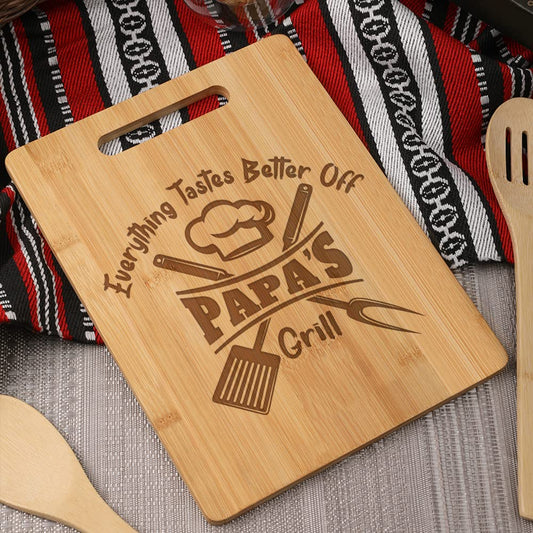 KITCHENVOY Dad Cutting Board Everything tastes better off Papa - Dad Gifts on Birthday - Engraved Bamboo Cooking Board Gift Set for Papa, Stepfather, Godfather - Gifts for dads from Son