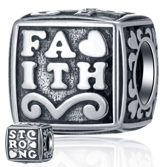 Faith and Strong Christian Charms in 925 Sterling Silver, Keep Faith Cross Vintage Dice Beads with CZ fits Pandora Style Bracelet, Gifts for Christmas/Easter Day - Binkii 