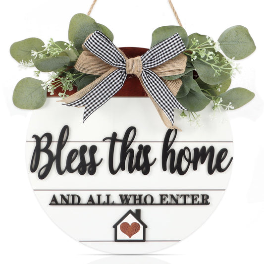 3D Bless This Home Wooden Door Sign Hanging, Welcome Porch Wall Sign with Bow-knot Wreath, Bless This Home And Who Enter Sign Housewarming Gift for Kitchen/Entryway/Porch/Front Door - Binkii 