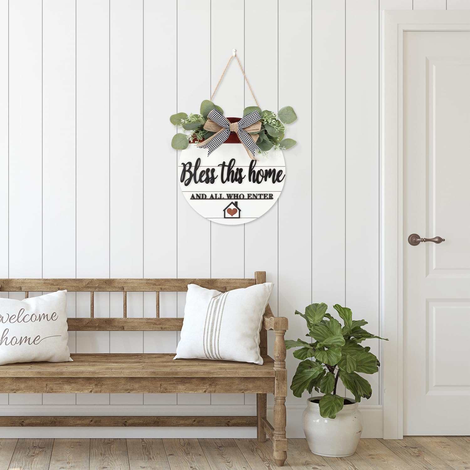 3D Bless This Home Wooden Door Sign Hanging, Welcome Porch Wall Sign with Bow-knot Wreath, Bless This Home And Who Enter Sign Housewarming Gift for Kitchen/Entryway/Porch/Front Door - Binkii 