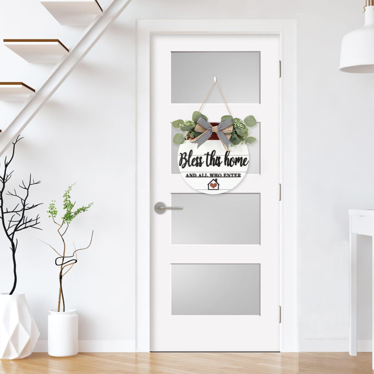 3D Bless This Home Wooden Door Sign Hanging, Welcome Porch Wall Sign with Bow-knot Wreath, Bless This Home And Who Enter Sign Housewarming Gift for Kitchen/Entryway/Porch/Front Door - Binkii 