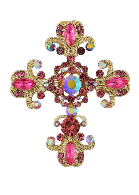 Alilang Roman Catholic Victorian Religion Christian Holy Cross Pink Rhinestones Pin Brooch With Pendant Loop, Pink/Gold - Binkii 