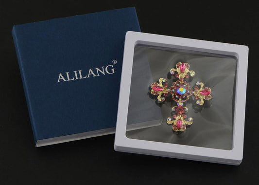 Alilang Roman Catholic Victorian Religion Christian Holy Cross Pink Rhinestones Pin Brooch With Pendant Loop, Pink/Gold - Binkii 