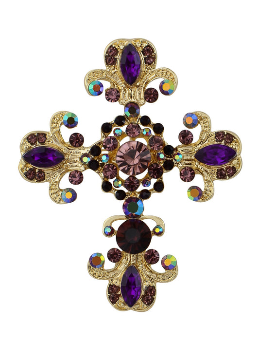 Alilang Women Gold Cross Antique Gorgeous Purple Rhinestones Faith Roman Catholic Victorian Saint Brooch, Purple/Gold - Binkii 