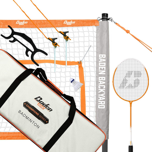 Baden Champions Portable Badminton Set | Regulation Net, 4 Racquets, 3 Shuttlecocks, Boundary & Carry Bag | Ideal for Backyard Fun | Orange/Gray - Binkii 