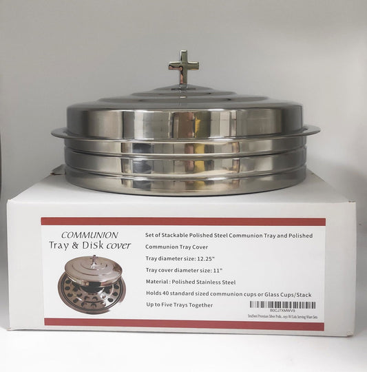 SruiSwei Premium Silver Polished Steel Communion Tray W/Cover for Church Service,Stackable Communion Serving Tray and Cover for Communion Cups,Church Communion Trays W/Lids Serving Ware Sets - Binkii 