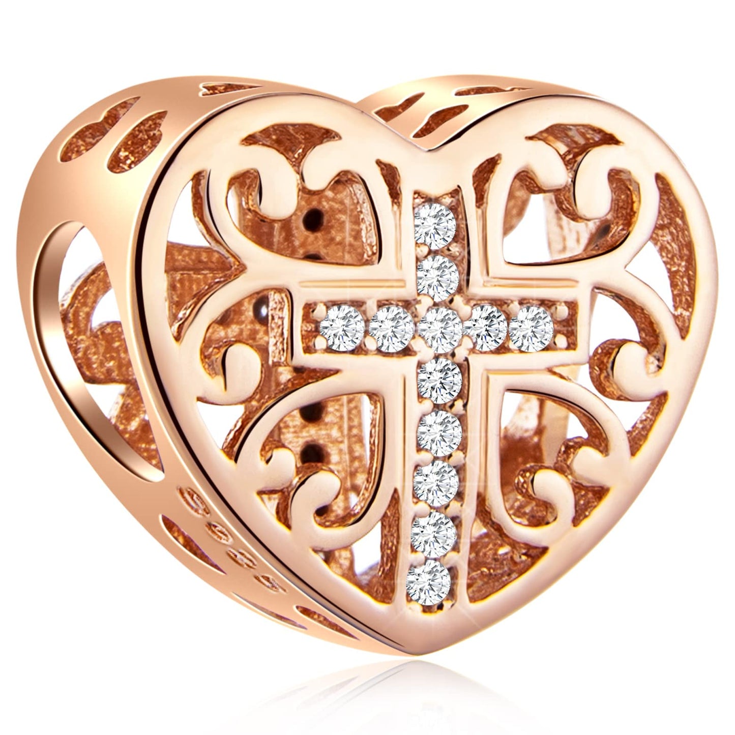 Rose Gold Faith Cross Heart Charms with Clear CZ, fits Pandora Christian Bracelet, 925 Sterling Silver Religious Prayer Beads, Gifts for Christmas/Easter/Mothers Day - Binkii 