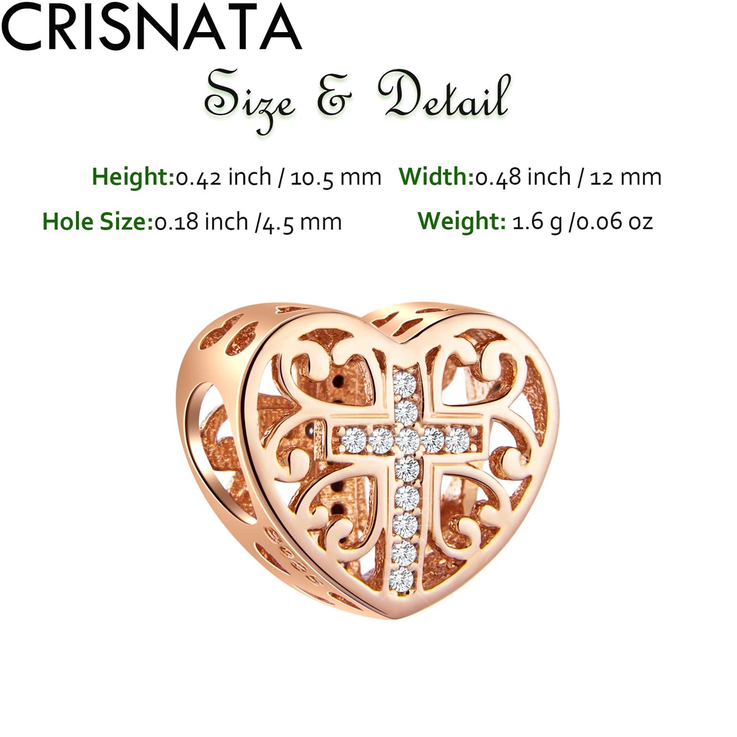 Rose Gold Faith Cross Heart Charms with Clear CZ, fits Pandora Christian Bracelet, 925 Sterling Silver Religious Prayer Beads, Gifts for Christmas/Easter/Mothers Day - Binkii 