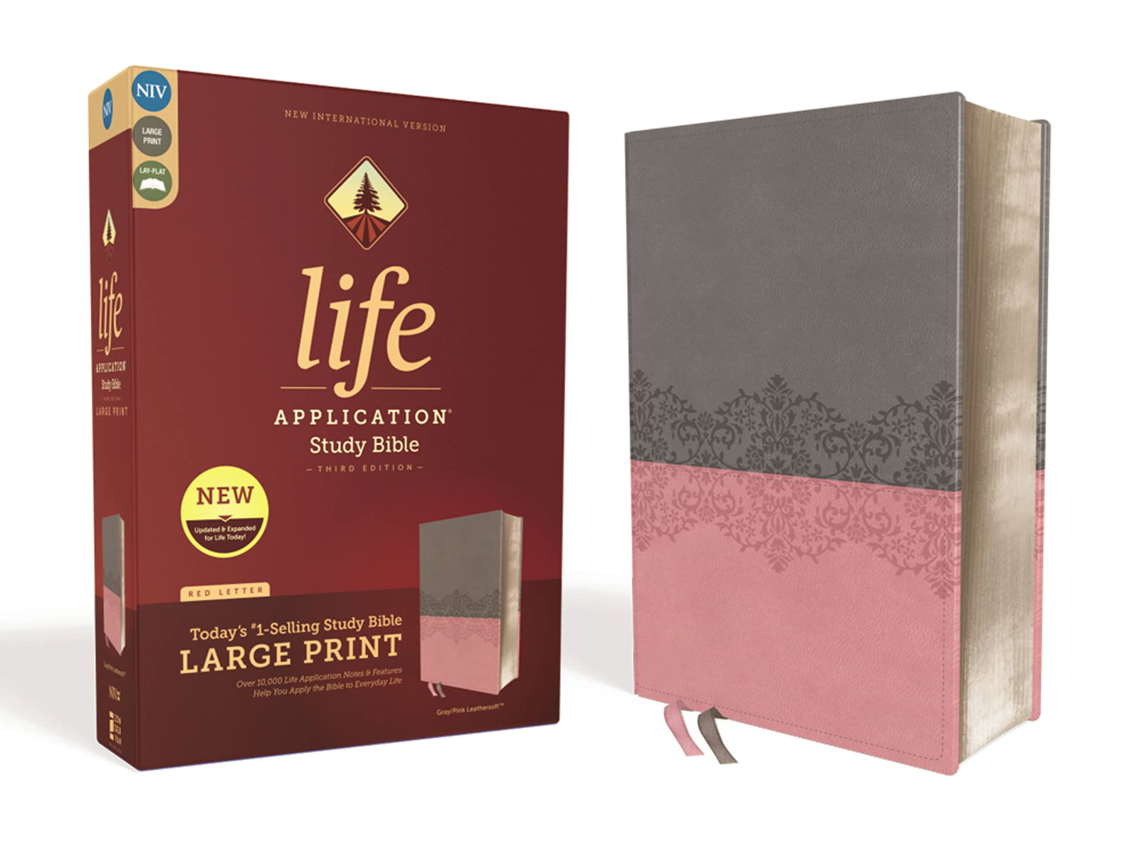 NIV, Life Application Study Bible, Third Edition, Large Print, Leathersoft, Gray/Pink, Red Letter - Binkii 