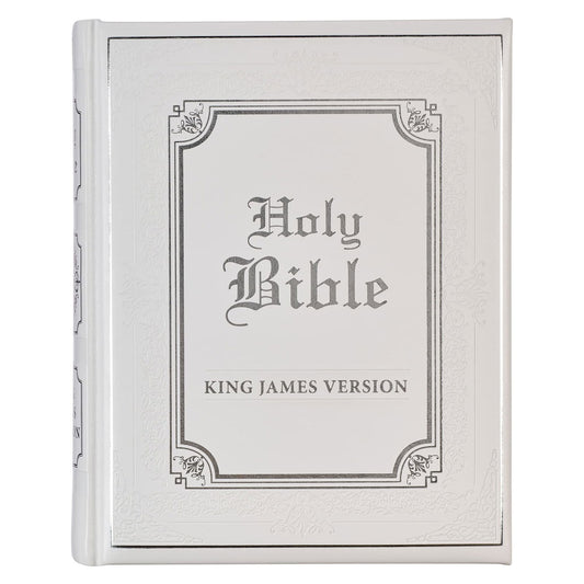 KJV Holy Bible, Classically Illustrated Heirloom Family Bible, Faux Leather Hardcover - Ribbon Markers, King James Version, White/Silver - Binkii 