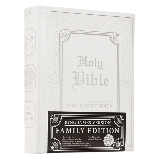 KJV Holy Bible, Classically Illustrated Heirloom Family Bible, Faux Leather Hardcover - Ribbon Markers, King James Version, White/Silver - Binkii 