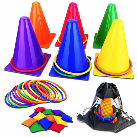 unanscre 31PCS 3 in 1 Carnival Outdoor Games Combo Set for Kids, Soft Plastic Cones Bean Bags Ring Toss Game, Gift for Birthday Party/Xmas - Binkii 